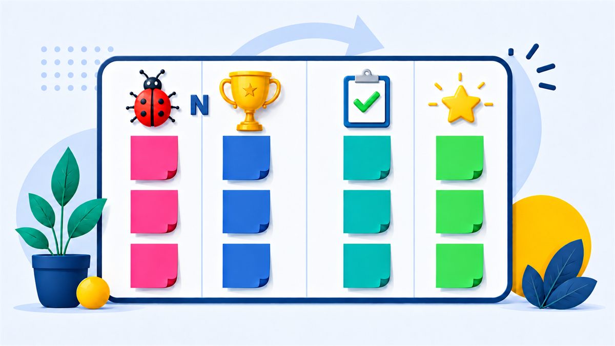 Illustrated BugNBrag board with Bug, Brag, Action Items, and Kudos