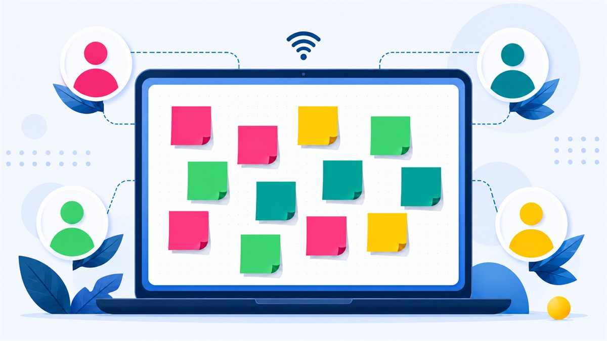 Illustrated remote team collaborating on a shared retrospective board